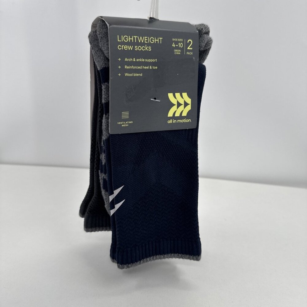 All In Motion Women's Lightweight Wool Blend Sport Crew Socks Black/Gray 2-Pack